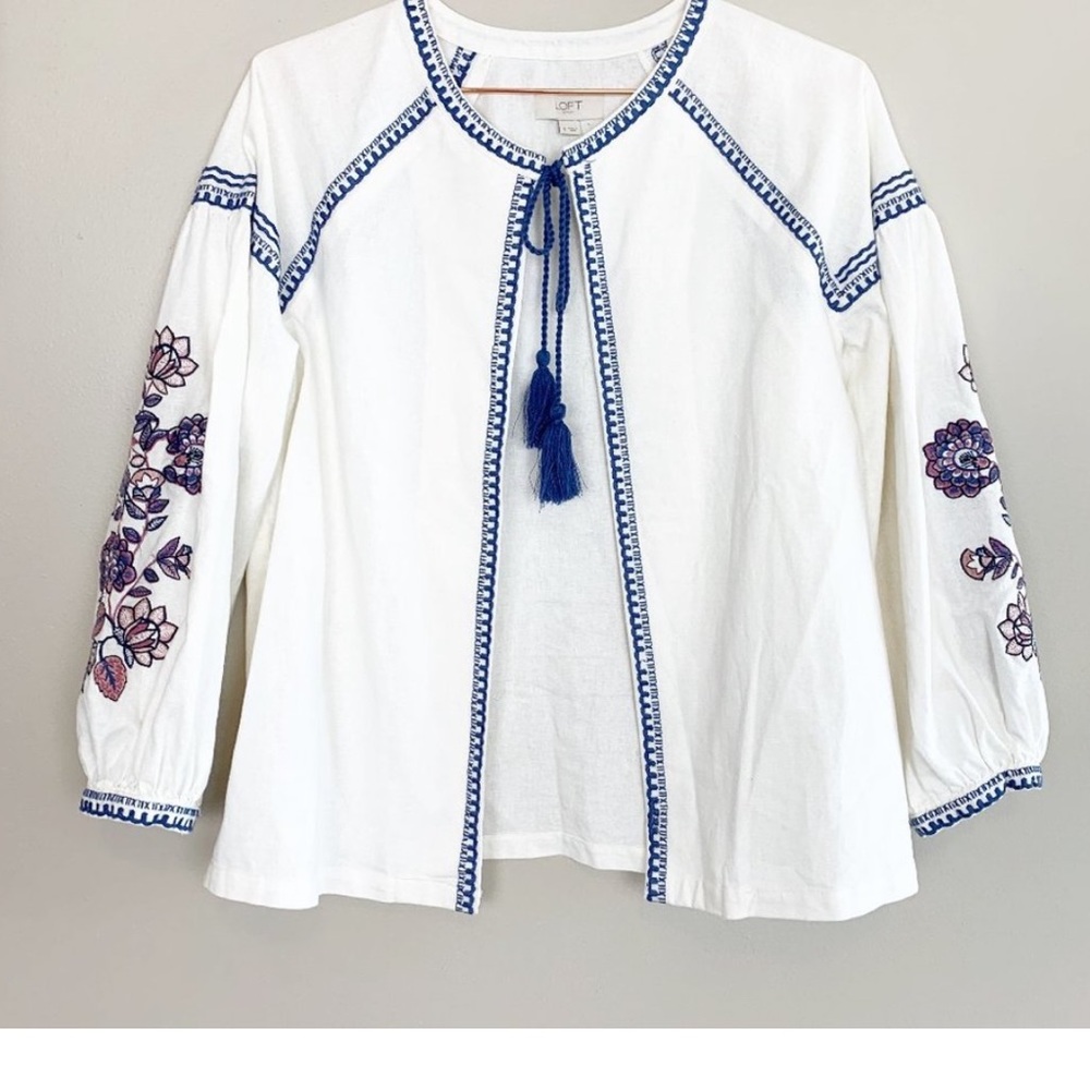 New Loft balloon sleeve embroidered linen tassel jacket women’s small